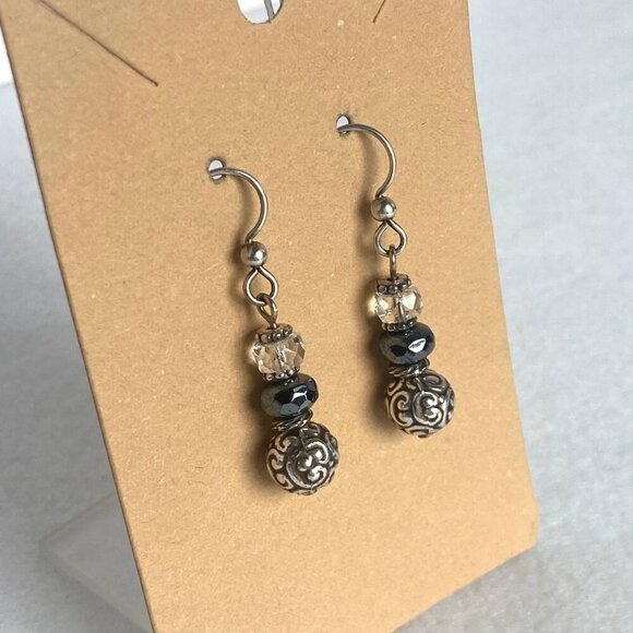 Sterling Silver 925 Faceted Glass Scrollwork Beaded Dangle Earrings - Picture 2 of 12